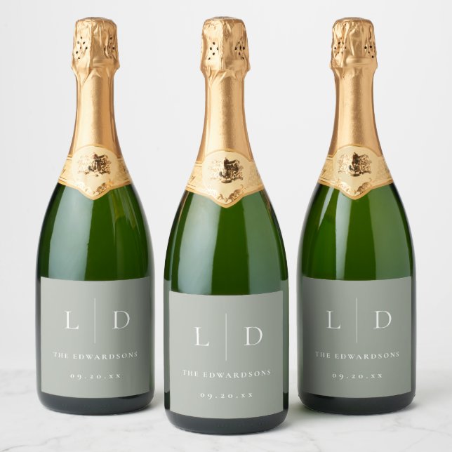 Sage Green Minimalist Monogram Wedding Sparkling Wine Label (Bottles)
