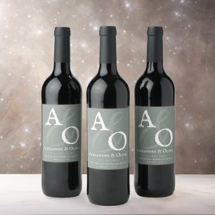 Sage Green Minimalist Monogram Wedding Wine Label