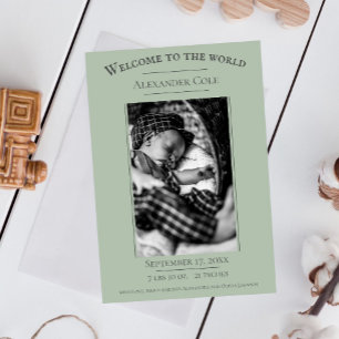 Sage Green Minimalist Photo Birth Announcement