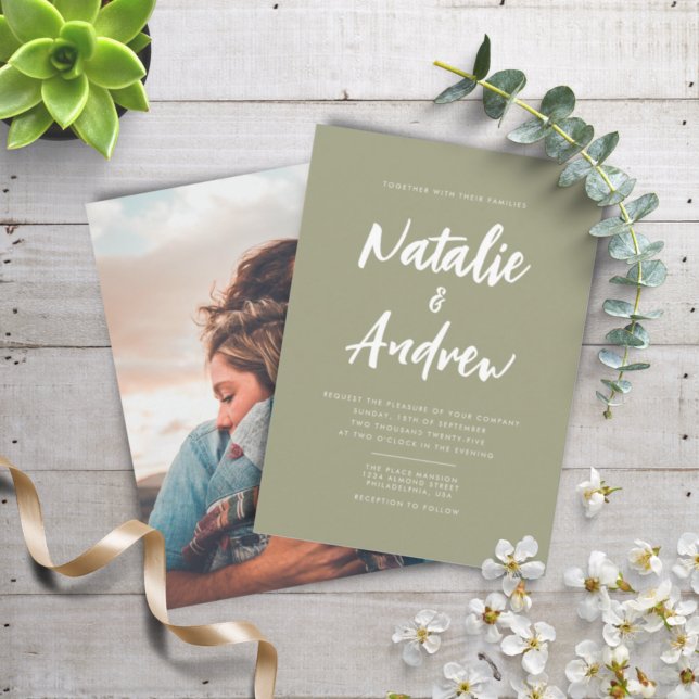 Sage Green Minimalist Photo Casual Script Wedding Invitation (Creator Uploaded)