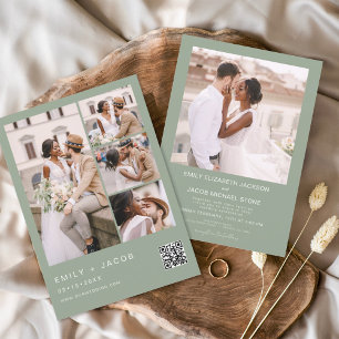 Sage Green Minimalist Photo QR code White Wedding Invitation