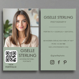 Sage Green Minimalist Photographer Photo QR Code Business Card
