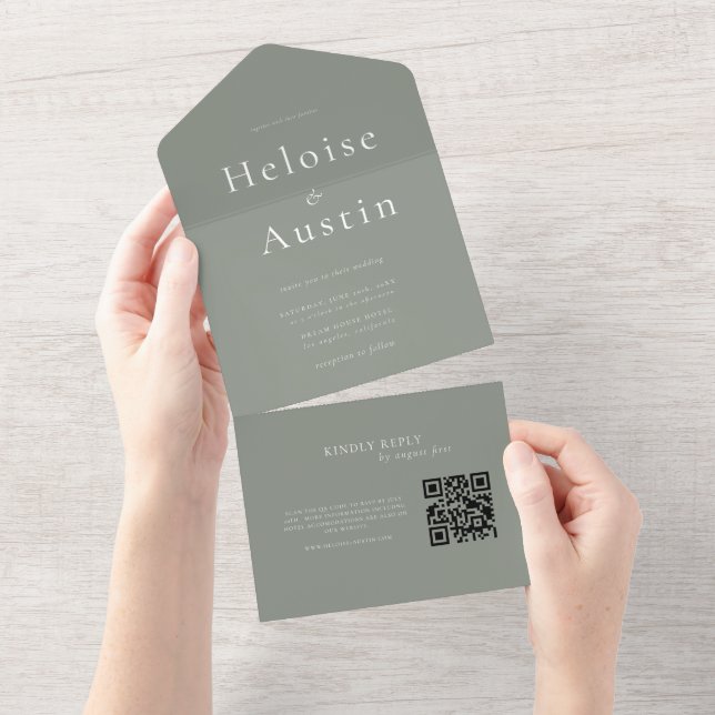 Sage Green Minimalist QR Code All inone invitation (Tearaway)