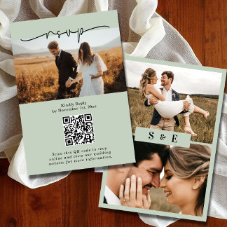 Sage Green Minimalist QR code Photo Wedding RSVP Card