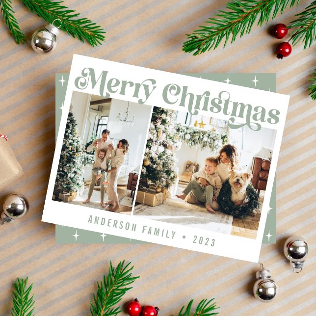 Sage Green Minimalist Retro Christmas Two Photo Holiday Card (Creator Uploaded)