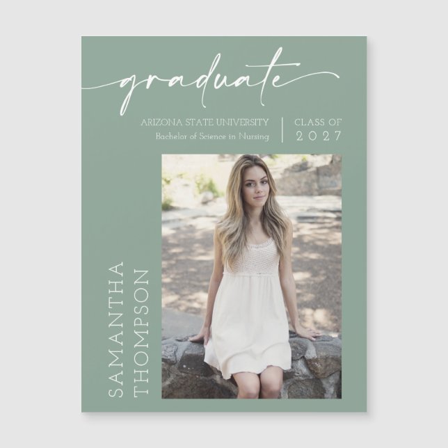 Sage Green Minimalist Script Photo Graduate Magnet (Front)