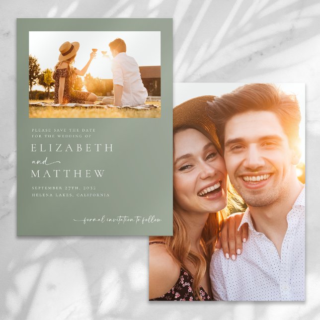 Sage Green Minimalist Script Photo Wedding Save The Date (Creator Uploaded)
