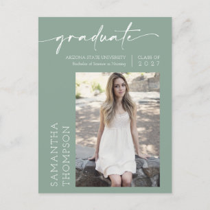 Sage Green Minimalist Script She Did It Photo Grad Postcard
