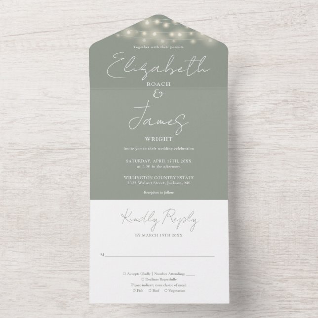 Sage Green Minimalist Script String Lights Wedding All In One Invitation (Inside)