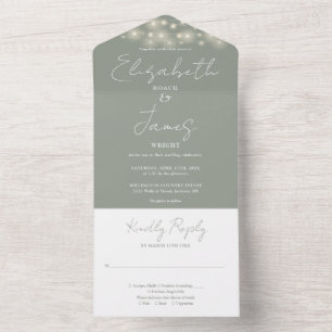 Sage Green Minimalist Script String Lights Wedding All In One Invitation