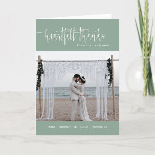 Sage Green Minimalist Script Wedding Photo Folded Thank You Card