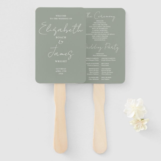 Sage Green Minimalist Script Wedding Program Hand Fan (Front and Back)