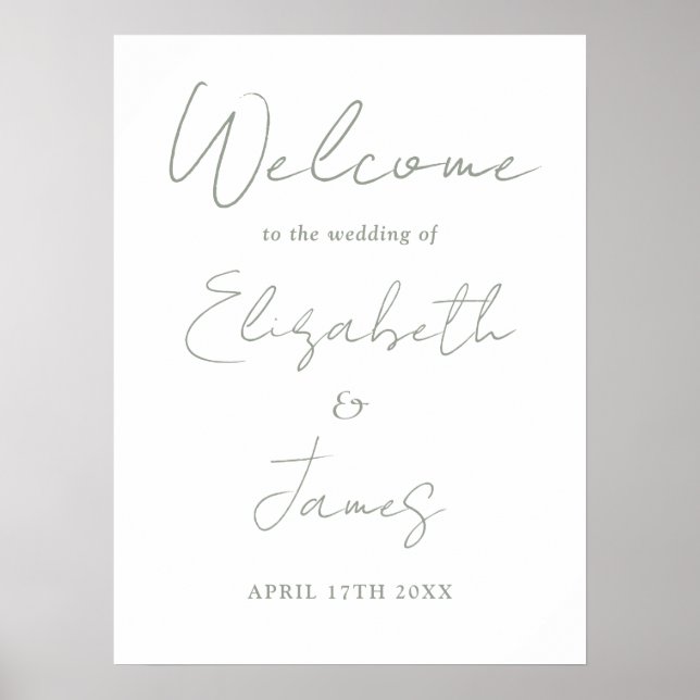 Sage Green Minimalist Script Wedding Welcome Sign (Front)