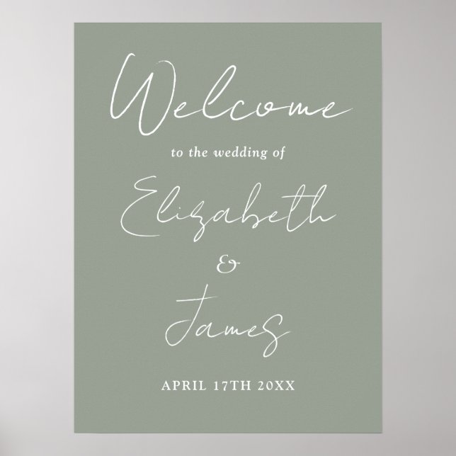 Sage Green Minimalist Script Wedding Welcome Sign (Front)