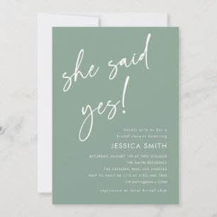 Sage Green Minimalist She Said Yes Bridal Shower Invitation