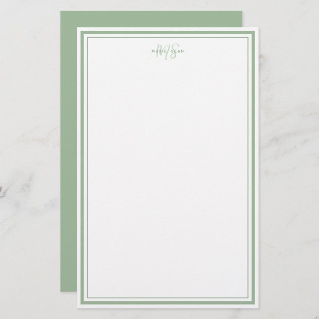 Sage Green Minimalist Simple Monogram Two Border  Stationery (Front/Back)