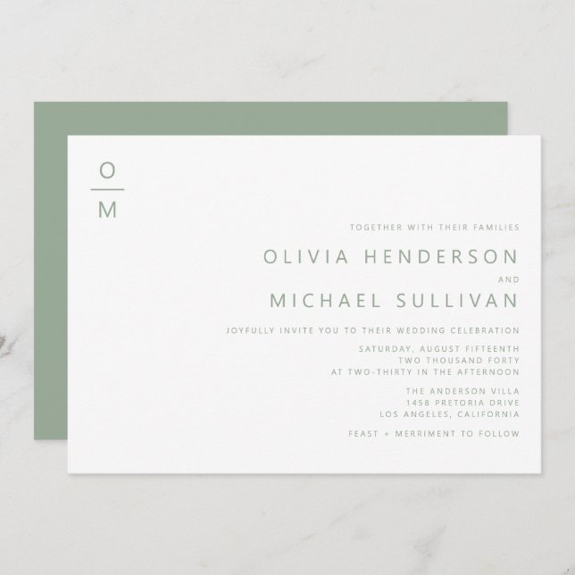 Sage Green Minimalist Typography Monogram Wedding Invitation (Front/Back)