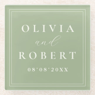Sage Green Minimalist Wedding Monogram Glass Coaster