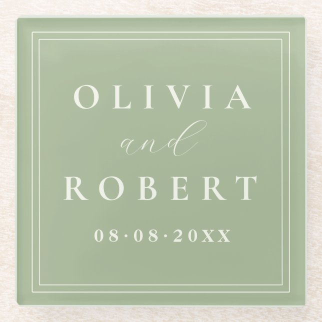 Sage Green Minimalist Wedding Monogram Glass Coaster (Front)