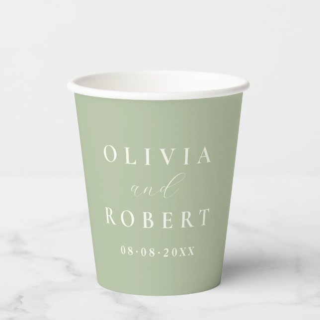 Sage Green Minimalist Wedding Monogram Paper Cups (Front)
