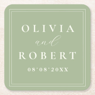 Sage Green Minimalist Wedding Monogram Square Paper Coaster
