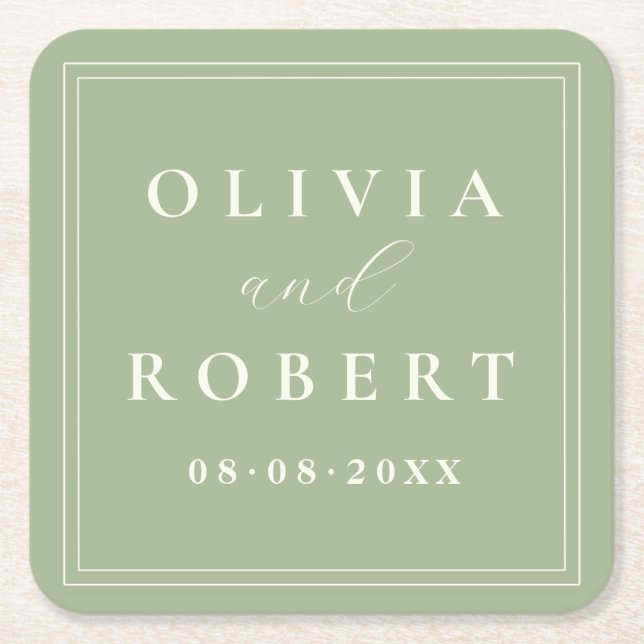 Sage Green Minimalist Wedding Monogram Square Paper Coaster (Front)