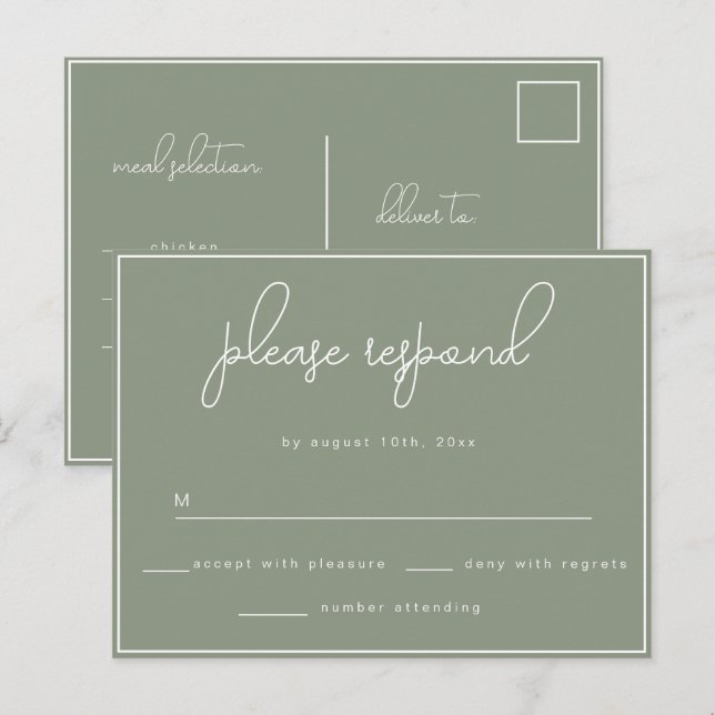 Sage Green Minimalist Wedding RSVP Postcard (Front/Back)