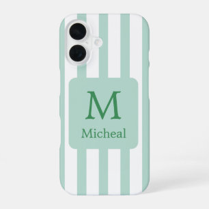 Sage Green Mint Stripes Monogram Classic Font iPhone 16 Case