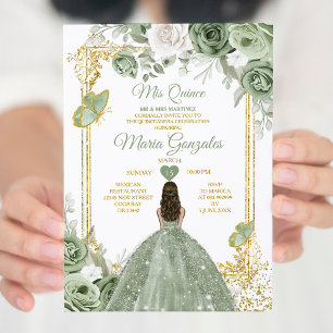 Sage Green Mis Quince 15 Anos Gold Crown Butterfly Invitation
