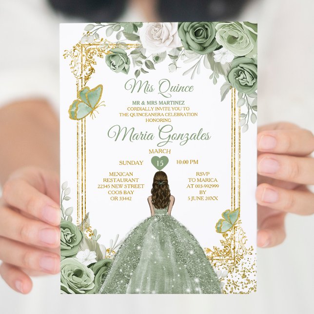 Sage Green Mis Quince 15 Anos Gold Crown Butterfly Invitation (Creator Uploaded)