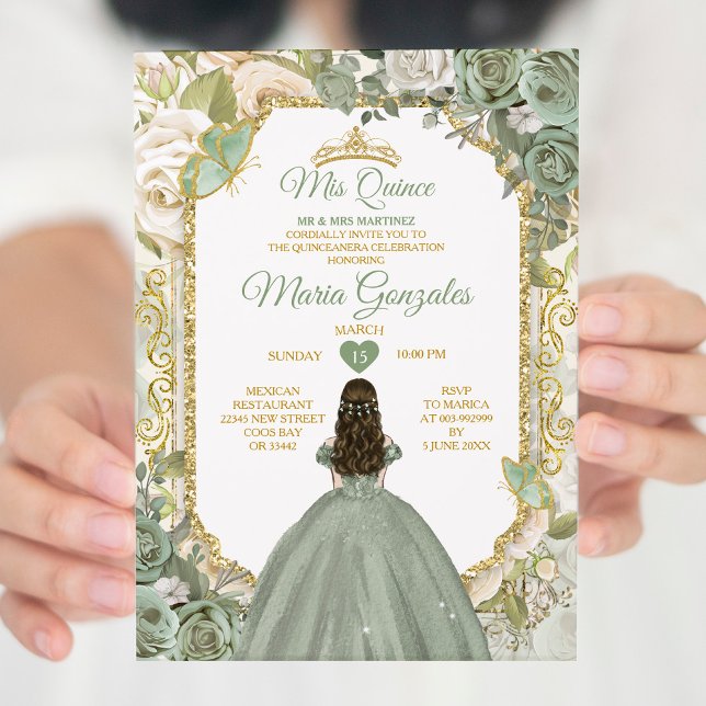 Sage Green Mis Quince 15 Anos Gold Crown Butterfly Invitation (Creator Uploaded)