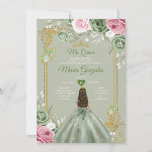 Sage Green Mis Quince 15 Anos Pink Flowers Dresses Invitation