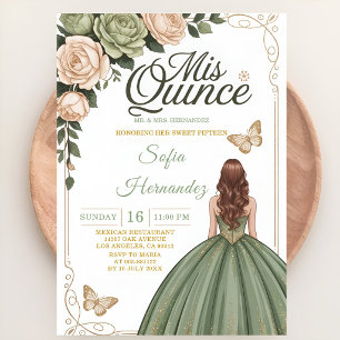 Sage Green Mis XV Gold Crown Butterfly Invitation