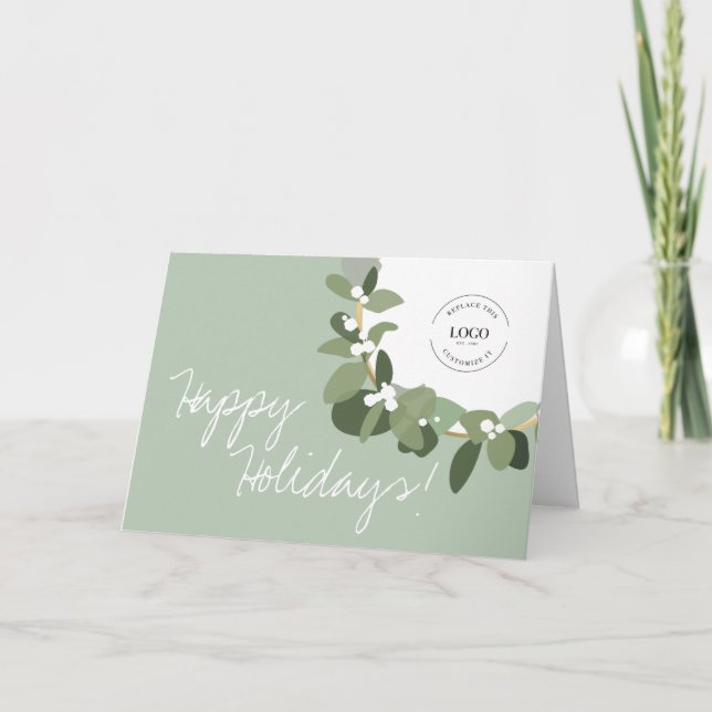 Sage Green Mistletoe Corporate Logo Christmas  Holiday Card (Front)