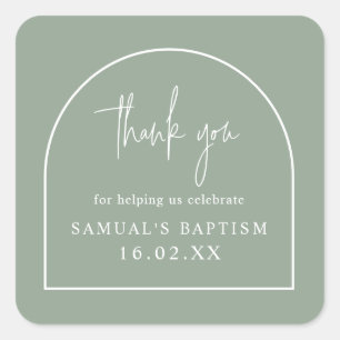 Sage Green Modern Arch Minimal Christening Favour Square Sticker