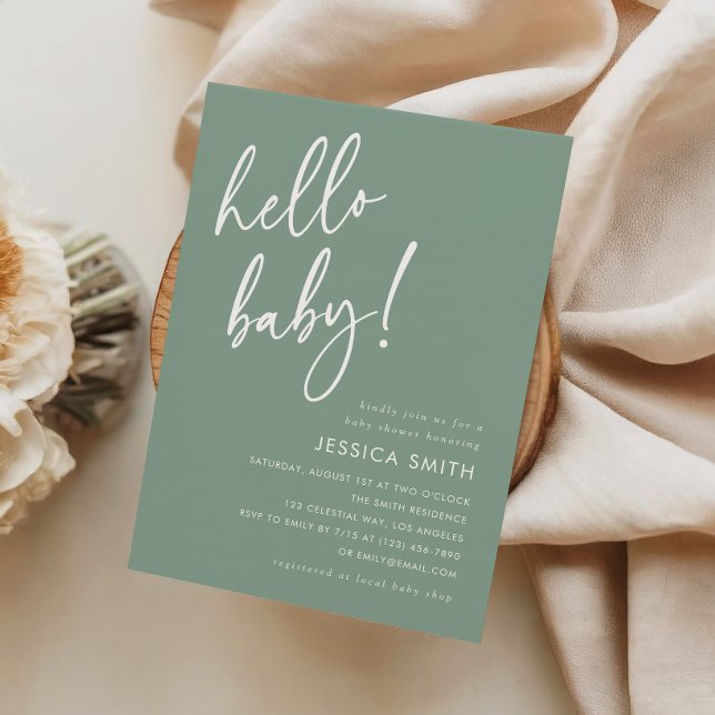 Sage Green Modern Boho Hello Baby Shower Invitation (Creator Uploaded)