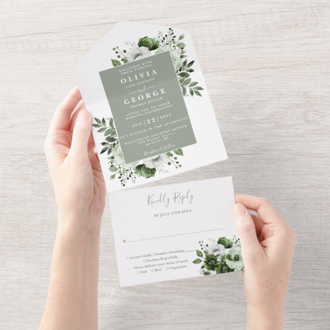Sage Green Modern Botanical Floral Wedding All In One Invitation (Tearaway)