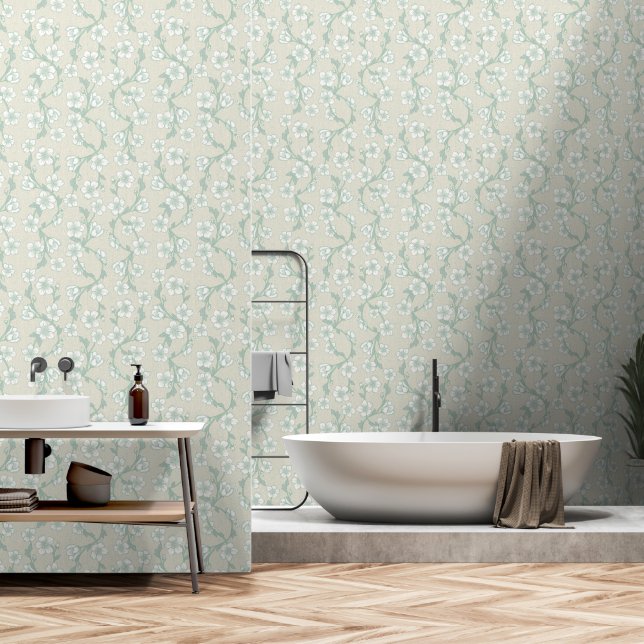Sage Green Modern Botanical Flower Wallpaper (Bathroom)