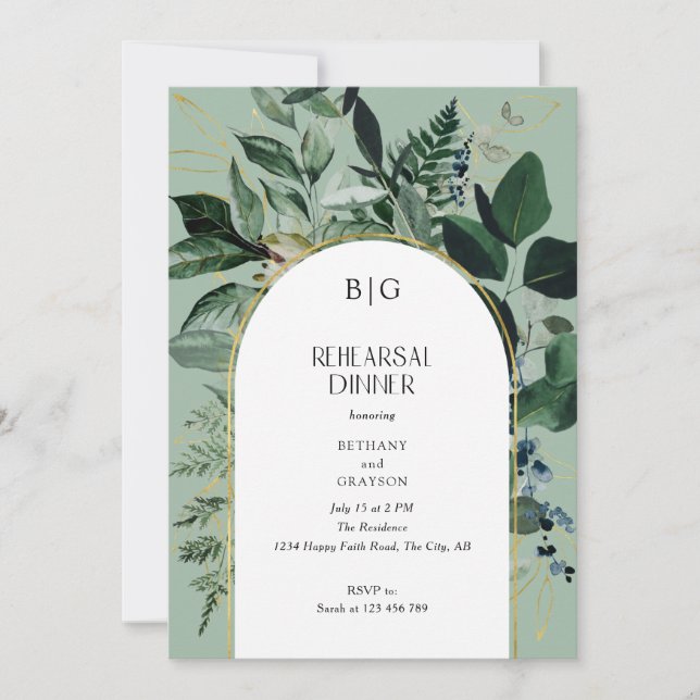 Sage Green Modern Botanical Rehearsal Dinner Invitation (Front)