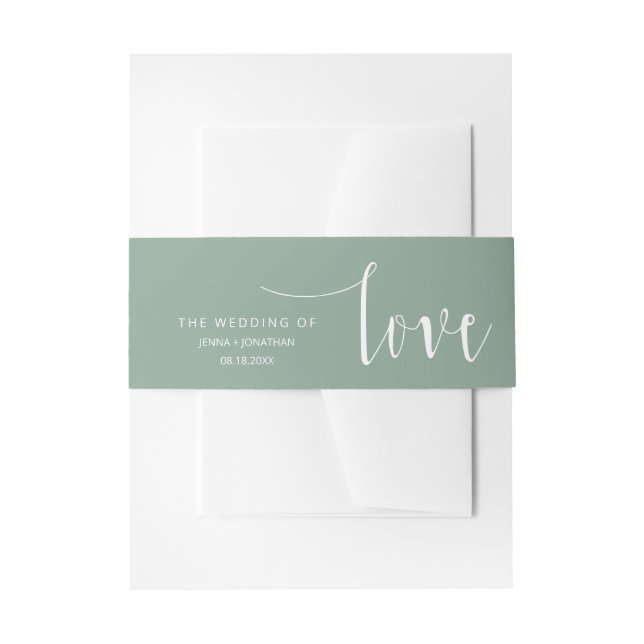Sage Green Modern Calligraphy Script Wedding Invitation Belly Band (Front Example)