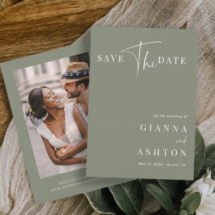 Sage Green Modern Calligraphy Wedding Photo  Save The Date