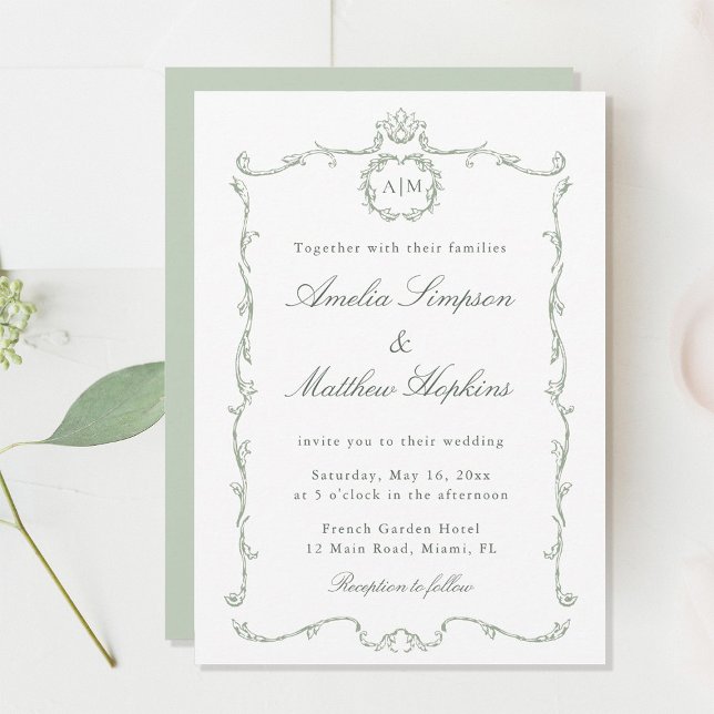 Sage Green Modern Classic French Frame Wedding  Invitation (Creator Uploaded)