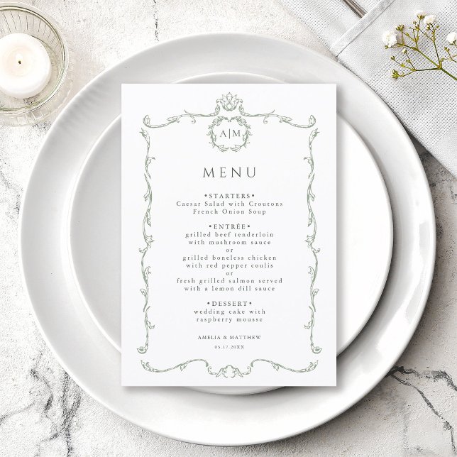 Sage Green Modern Classic French Frame Wedding  Menu (Creator Uploaded)