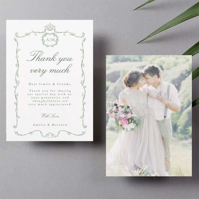 Sage Green Modern Classic French Wedding Photo Thank You Card (Front & Back)