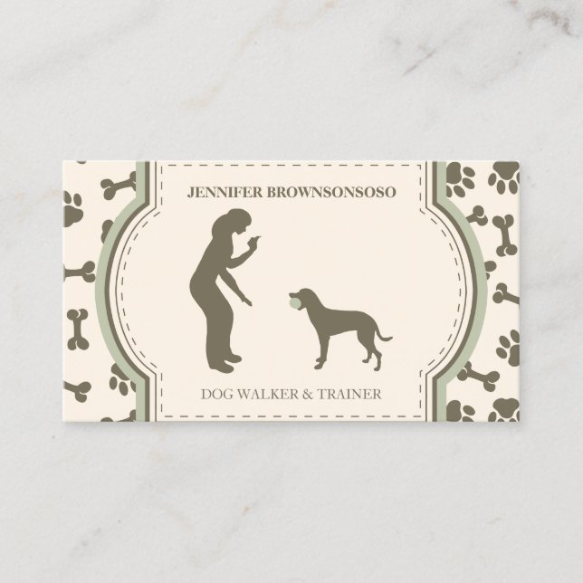 sAGE gREEN mODERN Dog Trainer Simple Paws Pet Business Card (Front)