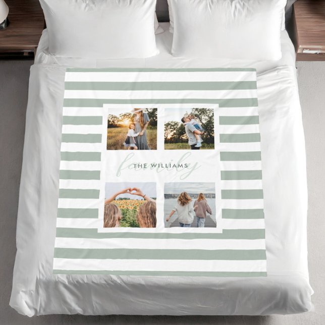 Sage Green Modern Elegant Family 4 Photo  Fleece Blanket (Creator Uploaded)