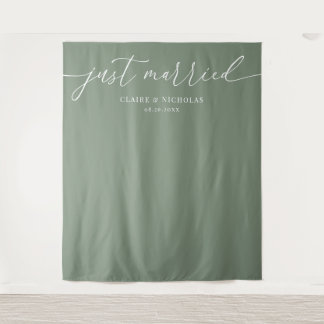 Sage Green Modern Elegant Just Married Wedding Tapestry