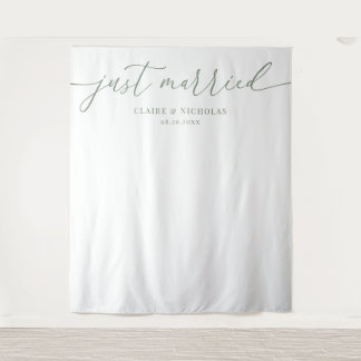 Sage Green Modern Elegant Just Married Wedding Tapestry