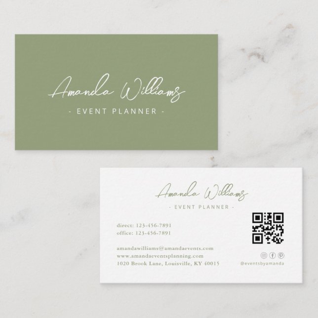Sage Green Modern Elegant Minimalist QR Code Business Card (Front/Back)