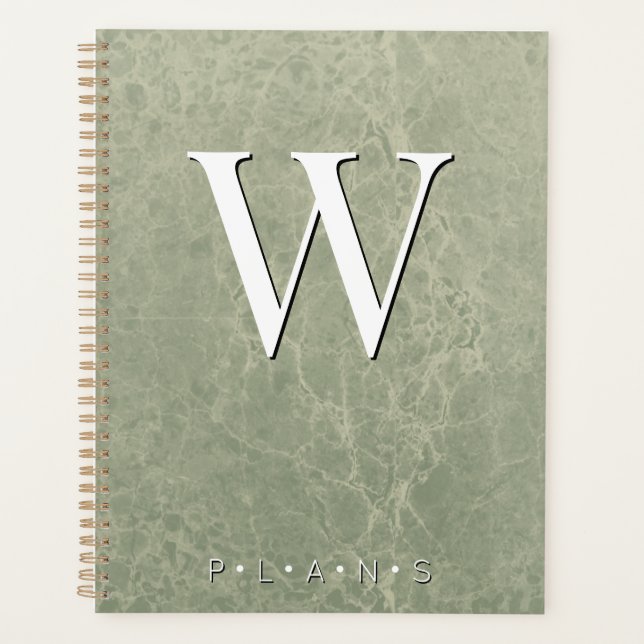 Sage Green Modern Marble Monogram Planner (Front)
